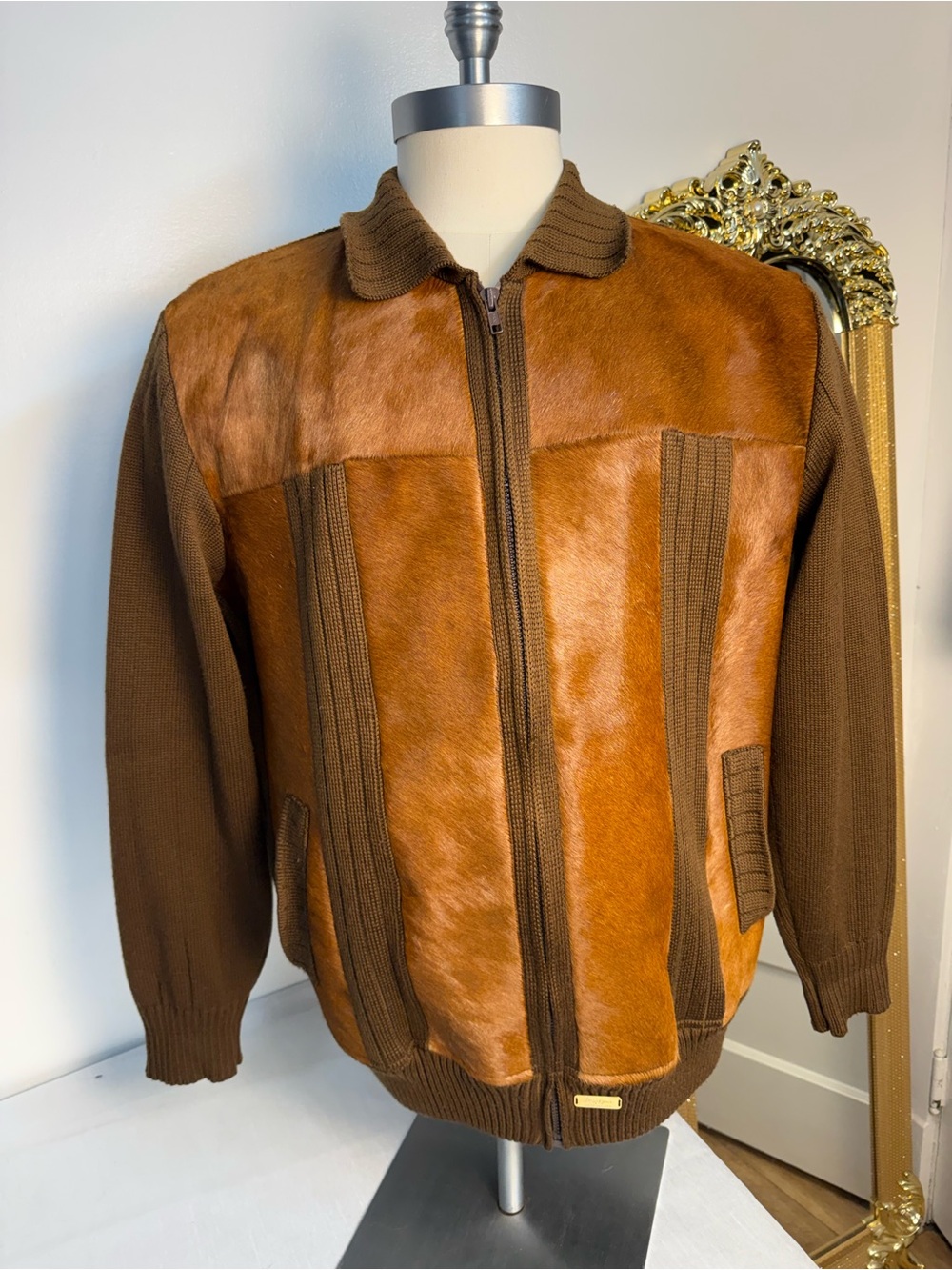 Vintage Arte Artigiana Italy Pony Hair Leather Knit Sweater Jacket Mens Size 56.
